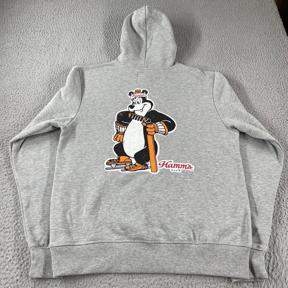 Hamm's‎ Beer Hoodie Men's Size Medium Angry Minnow Grey Hockey Bear Sweatshirt